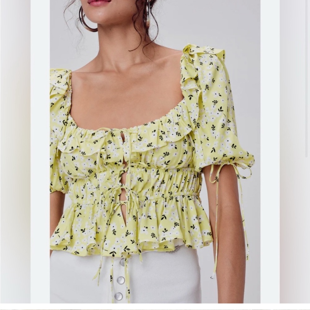 For Love And Lemons Ruffled Puff Sleeve Blouse in Yellow
